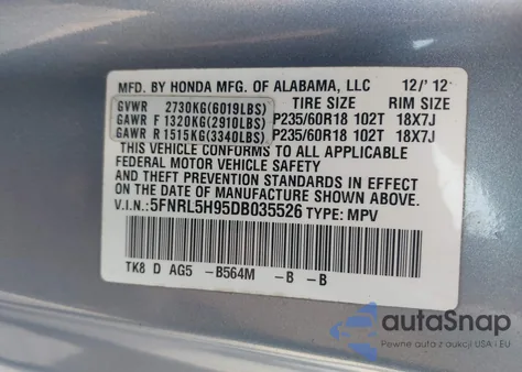 2013 Honda Odyssey Touring/Touring Elite z USA, uszkodzony, nr VIN 5FNRL5H95DB035526